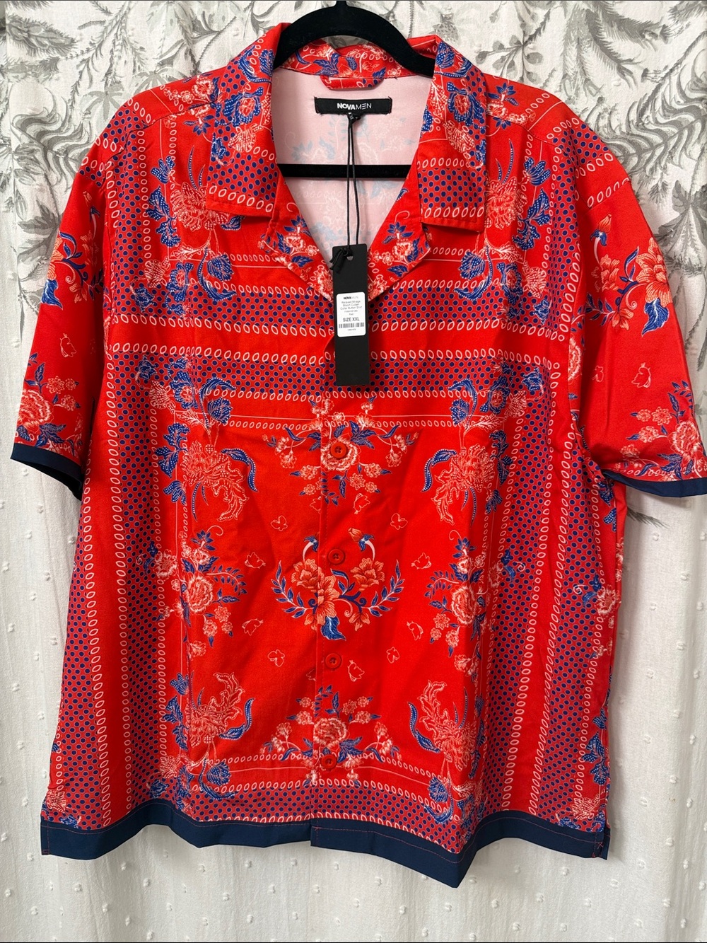 Roma Red Button-Down Shirt with Blue Floral Print